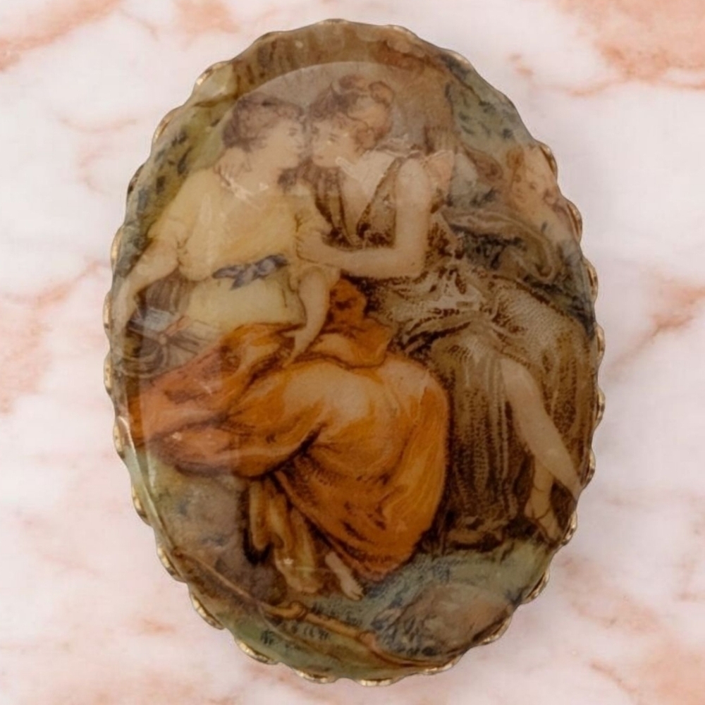 VINTAGE Transferware Renaissance Cameo Brooch Revival 1950 Painted Love Pin